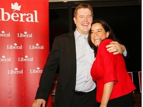 Jody Wilson-Raybould hugs spouse Tim Raybould after winning election in Vancouver on Oct. 19, 2015.