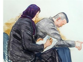 John Nuttall and Amanda Korody are seen in an artist’s sketch.