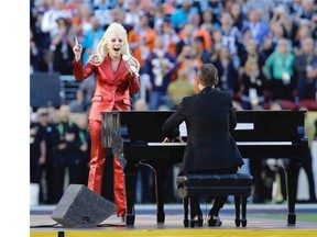 Lady Gaga sings the U.S. national anthem before Super Bowl 50 between the Carolina Panthers and the Denver Broncos in Santa Clara, Calif., on Sunday, Feb. 7, 2016.