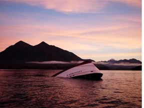 The bow of the Leviathan II, a whale-watching boat owned by Jamie’s Whaling Station, is seen near Vargas Island Tuesday, October 27, 2015 as it waits to be towed into Tofino, B.C., for inspection. Six people died when the vessel capsized.