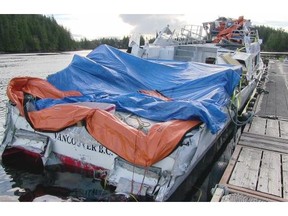 The Leviathan II whale-watching vessel sits at dock after it was towed from the site of an Oct. 25 accident.