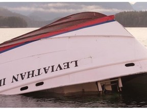 The bow of the Leviathan II, which capsized Sunday near Tofino, killing at least five people. The boat had significant additions in 1996, which experts believe may have affected its stability.