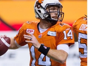 B.C. Lions’ quarterback Travis Lulay prepares to throw a pass during first half CFL football action against the Calgary Stampeders, in Vancouver, on Saturday, Nov. 7, 2015.