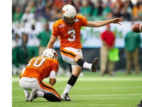 BC Lions #3 Richie Leone kicks a field goal against the Saskatchewan Roughriders in a regular season CFL football game at BC Place, Vancouver October 03 2015.