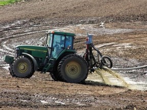 Liquid manure effluent is sprayed on a field in the township of Spallumcheen near Armstrong, west of Enderby.