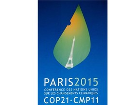 The logo of the upcoming COP21 Climate Conference is seen at the Elysee Palace during a meeting with African Leaders in Paris, France, Tuesday, Nov. 10, 2015. The eleventh session of the Conference of the Parties serving as the meeting of the Parties to the Kyoto Protocol (CMP 11) will take place from Monday, 30 November to Friday, 11 December 2015 in Paris, France. (AP Photo/Francois Mori)