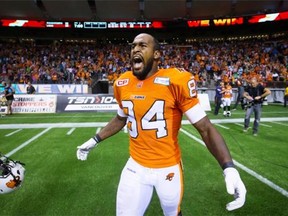 Emmanuel Arceneaux celebrates an overtime game-winning touchdown against the Saskatchewan Roughriders in a July 10 CFL game at BC Place Stadium.