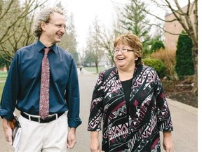 Matthew Etherington and Patti Victor walk on the Trinity Western Campus. Photo by: Wendy Delamont Lees.