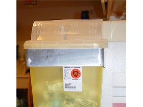 Medical waste disposal container at  Vancouver General Hospital - the type Kerri O’Keefe stole drugs from. VGH and other hospitals will replace these with more secure bins.