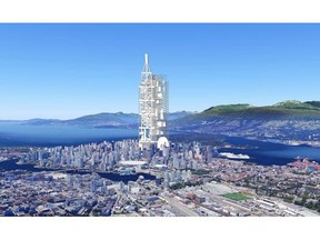 3-D model of a 2500 ft ‘Vertical City’ proposed by Henriquez Partners Architects, on display at the Your Future Home: Creating the New Vancouver exhibition at the Museum of Vancouver.