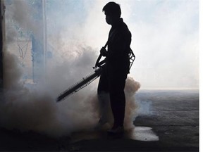 A municipal worker fumigates a residential area against the Aedes aegypti mosquito as a preventive measure against the spread of the dengue fever in Bangkok on February 5, 2016.  Health experts have also warned Asia is particularly vulnerable to the Zika virus, given that the Aedes aegypti mosquito -- which carries Zika, dengue fever and the chikungunya virus -- thrives in its congested cities.