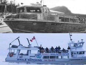 A before and after photo of the Leviathan II, which recently sank off Tofino. The above photo is a sister boat of the Leviathan II when she was still know as Crown Forest 72-112. This boat was called the Crown Forest 72-113. Image courtesy of Tad Roberts. The below photo is a recent image of the ship after it was changed into a whale-watching boat. Image credit: Jamie’s Whaling Station.