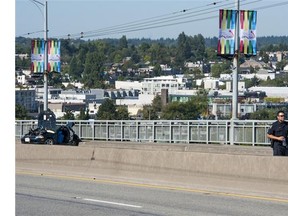The Granville Street bridge southbound remained closed Thursday morning (July 31, 2014) after an accident at approximately 4 a.m. left one person dead. The driver of the second vehicle was taken into custody.