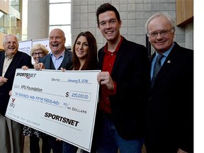 Sportsnet has donated $250,000 to Kwantlen Polytechnic University's Surrey-based journalism program. At the announcement, from left, are: Chair of the KPU Foundation Board Ken Hahn, KPU journalism program head Beverley Sinclair, Sportsnet boss Roger Moore, KPU journalism students Crystal Scuor and Richie Kraakman and KPU president Alan Davis.