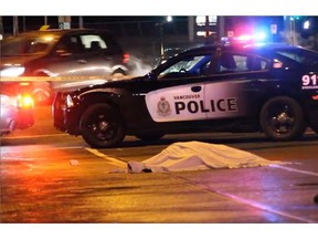 A 23-year-old woman is dead after she fell from a moving party bus and then was hit by the vehicle in Vancouver Saturday night.