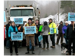 Protesters mass at the entrance to the South Island landfill site at Shawnigan Lake on Wednesday, Jan. 6, 2015.