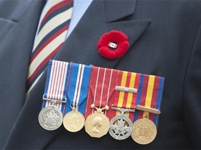 Service medals of a veteran seen during the Annual Remembrance Day Service in Vancouver, BC, November, 11, 2013.