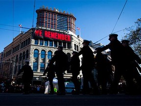 Members of the Canadian Forces march together during a Remembrance Day ceremony at Victory Square in Vancouver, B.C., on Tuesday November 11, 2014.