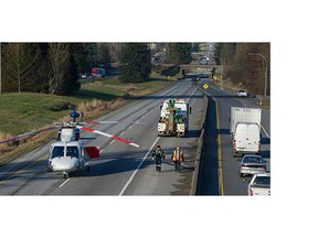 Traffic was stopped westbound and slow in the other direction as crews attended to a truck crash on Highway 1 at 232nd Street in Langley on Wednesday, Jan. 20.