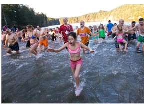 Swimmers participate in the annual polar bear swim at Thetis Lake Regional Park in View Royal on Jan. 1, 2015.