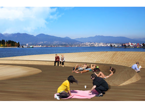 An artist rendering of the proposed Harbour Deck, which Vancouver architecture firm, HCMA Architecture and Design, is proposing the city use to re-engage with the waterfront by creating a new type of public space on and in the water along the city’s upscale Coal Harbour waterfront.