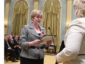 Canada's new Sport, and Persons with Disabilities Minister Carla Qualtrough is sworn-in during a ceremony at Rideau Hall in Ottawa November 4, 2015.