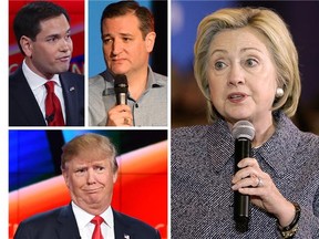 Clockwise from top left: U.S. Senator Marco Rubio, Sen. Ted Cruz, Hillary Clinton and Donald Trump.