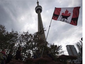 A demonstrator holds a Canadian flag made to look like it is dripping with oil, during a protest outside the National Energy Board.