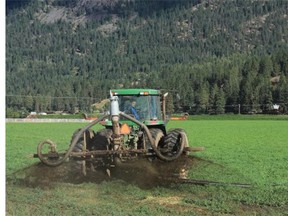 The Hullcar aquifer is in the township of Spallumcheen near Armstrong, west of Enderby. Photos are of agricultural spraying of the manure effluent associated with contamination of the aquifer.