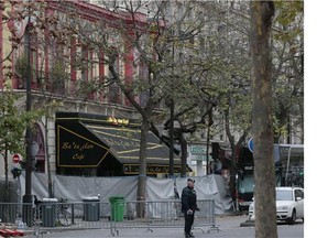 The secured and cordoned off crime scene of the Bataclan concert hall on Saturday, a day after the deadly attacks in Paris.