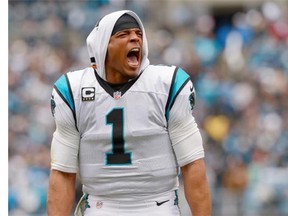 Cam Newton of the Carolina Panthers celebrates during the first quarter of the NFC Divisional Playoff Game against the Seattle Seahawks at Bank of America Stadium on Sunday, Jan. 17, 2016 in Charlotte, North Carolina.