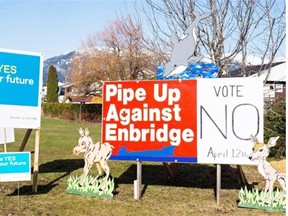 Signs in Kitimat. A union representing 65,000 workers in British Columbia has signed a declaration vowing to oppose pipelines from crossing the territories of more than 130 First Nations.