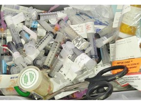 NOTE: Original photos included patients' names, PHN, and hospital ID number -- such information has been deliberately blurred.  These are drugs and the bins that were filled with the drugs Kerri O'Keefe used and stole from VGH. Handout/Family. Received Feb. 1, 2016. For a story by Pamela Fayerman.