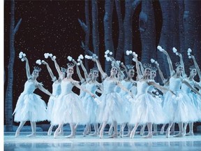 Pacific Northwest Ballet company dancers in the snow scene from The Nutcracker. The production features all new sets and costumes designed by children’s author and illustrator Ian Falconer (Olivia the Pig). Photo: Angela Sterling.