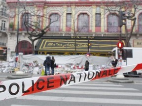 A police cordon is seen in front of the music hall Bataclan in Paris a month after terror attacks on Nov. 13.