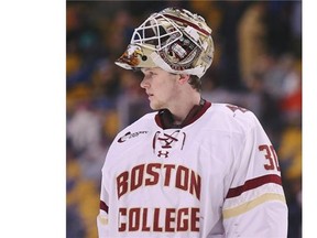 Prospect Thatcher Demko of the Boston College Eagles, drafted in 2014, has four shutouts in his last five games. He may be left off the list of must-sees for touring GM Jim Benning, below, who joked the goalie is playing so well a visit might be unnecessary.