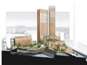 Rendering of one of the tall wooden buildings developed by Michael Green. This building design was entered in the Reinventer Paris design contest, although was not chosen as the winner.