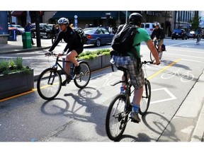 Separated bike lanes at Dunsmuir and Seymour streets in Vancouver.