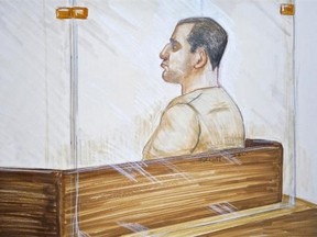 Reza Moazami is shown the prisoner’s box in this court drawing. A glamorous lifestyle of drugs and booze, the chance to live in downtown Vancouver and the companionship of a pet dog were all promises used by the Vancouver man to lure 11 teenagers into prostitution.