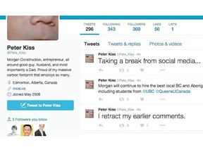 Screen grab of Peter Kiss’s remarks on Twitter.