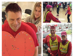 Valentine Vern gets his outfit adjusted prior to Saturday's Sun Run InTraining Clinic at W.C. Blair Rec Centre, while the Klee twins (top right) do the Sunday warm-up at Walnut Grove. Sunday leaders Gord Kurenoff and Kellie Klee-McGuffin, lower right, fashion their Valentine's best.