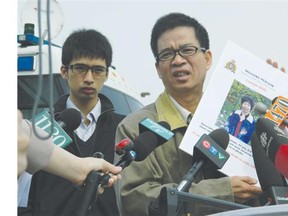 Will Tang (left) and his father Jihui Tang, at a press conference regarding Will’s mother and Jihui’s wife, Lianjie Guo, who went missing on June 7.  Tang, 25, has been charged with first degree murder after her body was found.