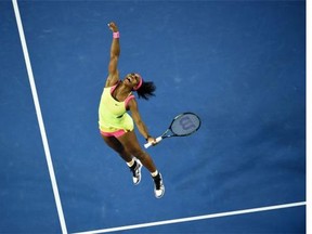 Serena Williams of the United States celebrates after victory in her women’s singles final match against Russia’s Maria Sharapova at the 2015 Australian Open tennis tournament in Melbourne on Jan. 31, 2015.