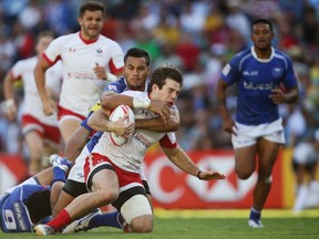 Pat Kay of Canada is tackled during the 2016 Sydney Sevens Bowl Final match between Samoa and Canada at Allianz Stadium on February 7, 2016 in Sydney, Australia. (Matt King/Getty Images)