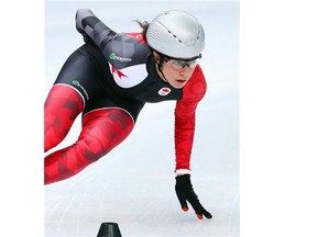 Short track speedskater Marie-Eve Drolet of Canada trains, during her first comeback, ahead of the Sochi 2014 Winter Olympics.