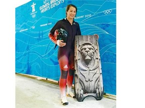 Skelton racer Jane Channell of North Vancouver is sliding on a new sled with new sets of runners. She’s put a unique design on the bottom of her sled, a shot of the one of the lions that grace the entrance to the Lions Gate Bridge, to remind her of home. Photo courtesy of Francis Chiasson.