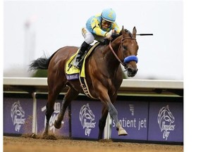 American Pharoah, with Victor Espinoza up, wins the Breeders' Cup Classic horse race at Keeneland race track Saturday, Oct. 31, 2015, in Lexington, Ky. (AP Photo/Mark Humphrey)