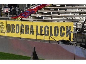 Columbus Crew SC fans welcome Montreal Impact striker Didier Drogba with their ironic take on the French star???s Drogba Legend banner back at Montreal???s Saputo Stadium. Drogba tackled Crew SC goalie Steve Clark in the first leg last Sunday, grabbing his leg. Hence the leglock reference. THE CANADIAN PRESS/Neil Davidson