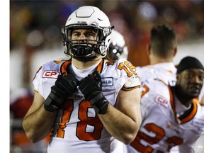 BC Lions' David Menard, left, and Josh Johnson watch the dying seconds of second half CFL western semifinal football action against the Calgary Stampeders in Calgary, Sunday, Nov. 15, 2015.