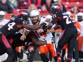 Calgary Stampeders defence smother B.C. Lions QB Travis Lulay in first half CFL Western Semi-Final action at McMahon stadium in Calgary on Sunday November 15, 2015.